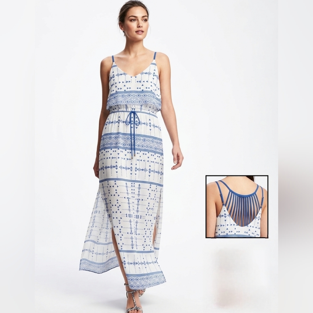 DV Dolce Vita Blue & White Geometric Print Maxi Dress - Size M